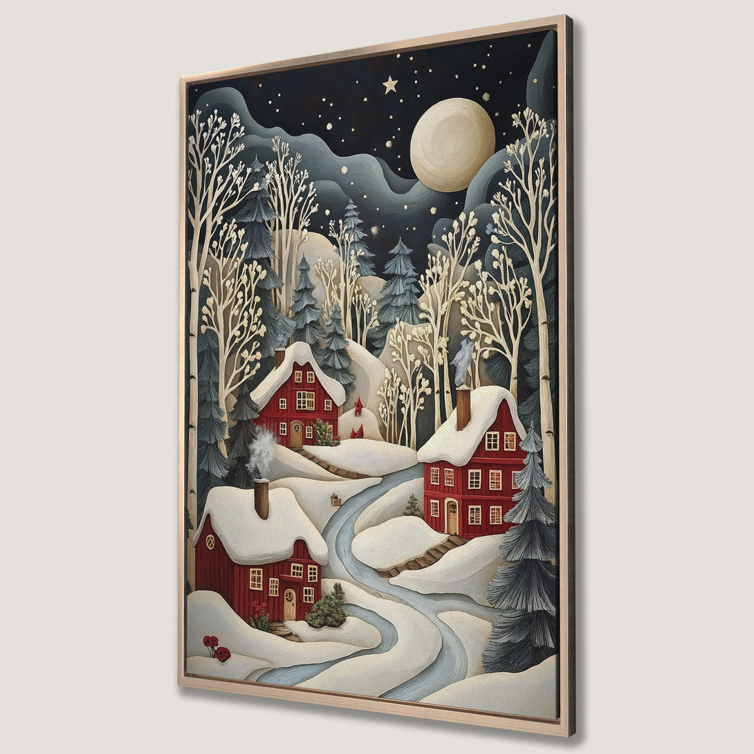 Framed Wall Art: Winter landscape Canvas Print featuring red houses, snowy hills, and a starry night sky. Cozy, whimsical style with a blue, white, and red color palette.