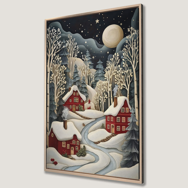 Framed Wall Art: Winter landscape Canvas Print featuring red houses, snowy hills, and a starry night sky. Cozy, whimsical style with a blue, white, and red color palette.