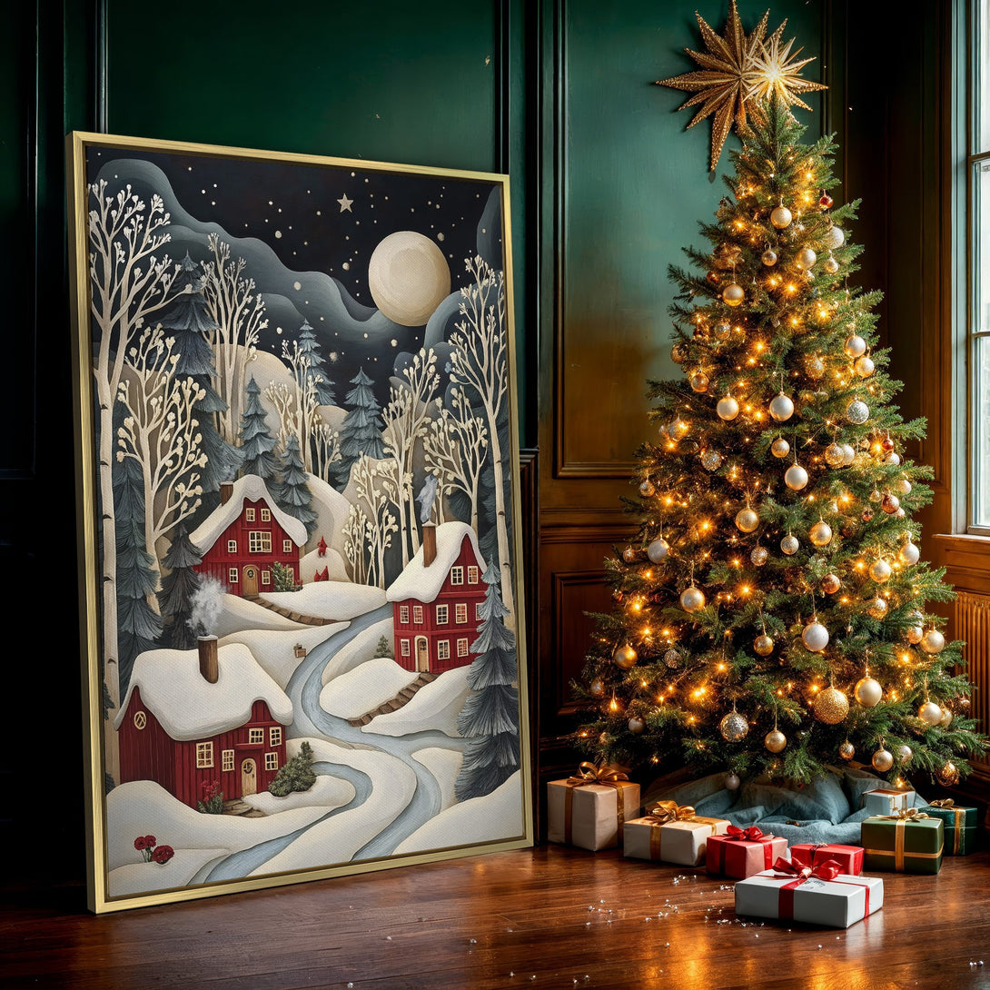 Canvas Print of a winter village scene in a whimsical style. Features red houses, snowy landscape, and a cool, muted color palette. Perfect for holiday decor!