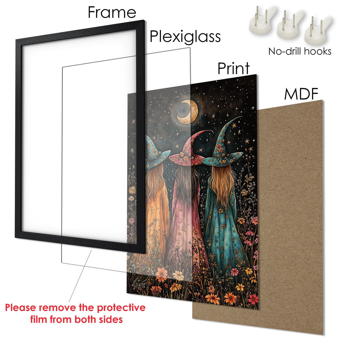 Framed Poster featuring whimsical witches under a starry night sky with a warm, colorful palette. Perfect wall art!