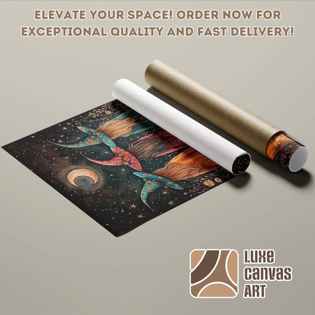 Poster Roll featuring a celestial mermaid design in a dark, dreamy style with a warm color palette.
