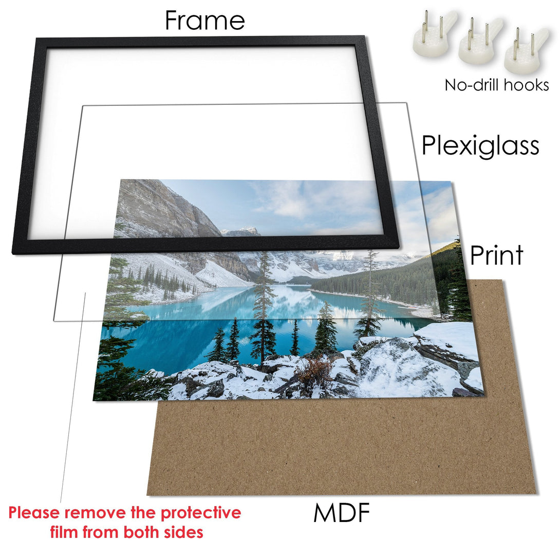 Framed Poster of a stunning mountain lake scene. Featuring a vibrant blue and green color palette, perfect for home decor.