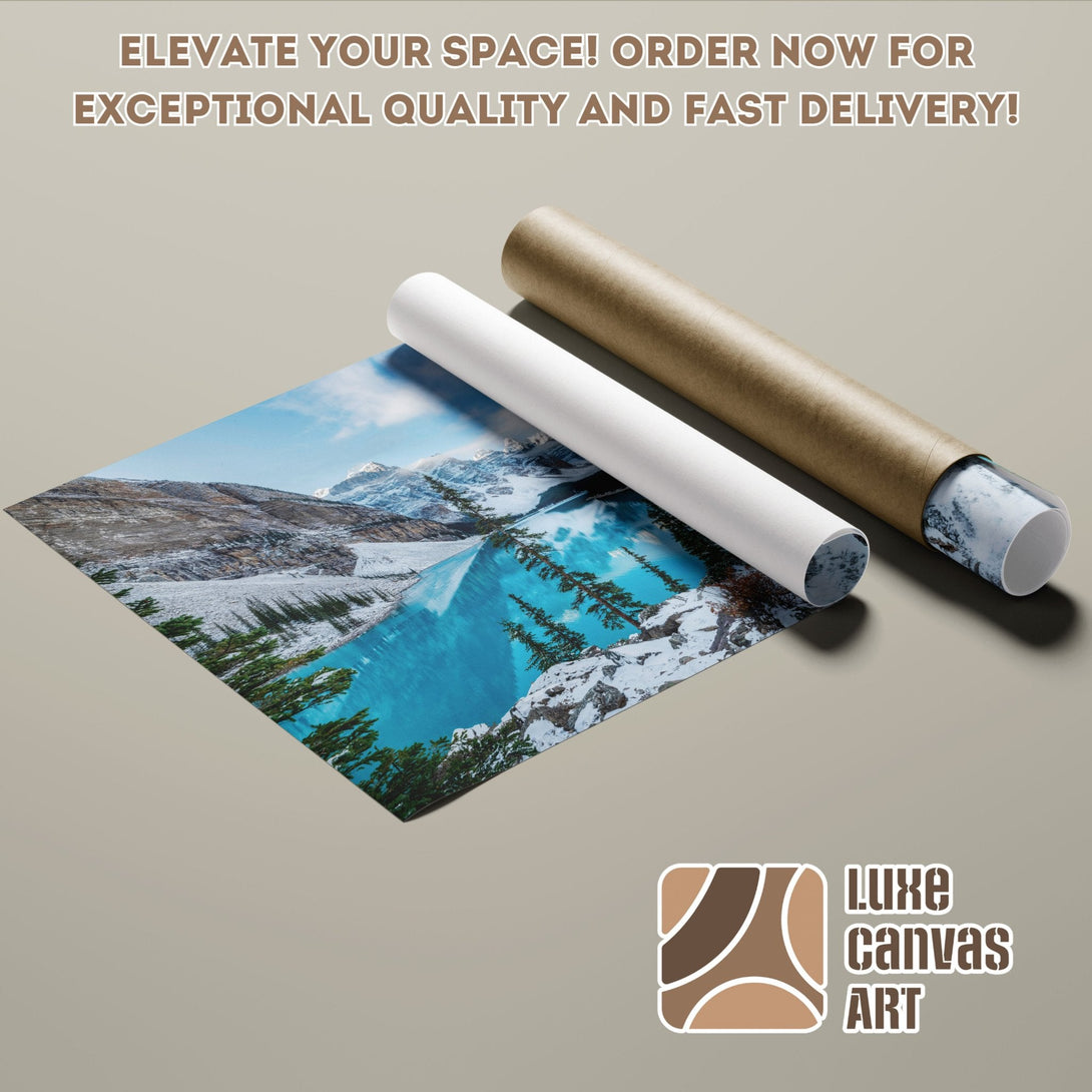 Poster Roll featuring a scenic landscape with a blue lake, natural style, and cool color palette. Order yours today!