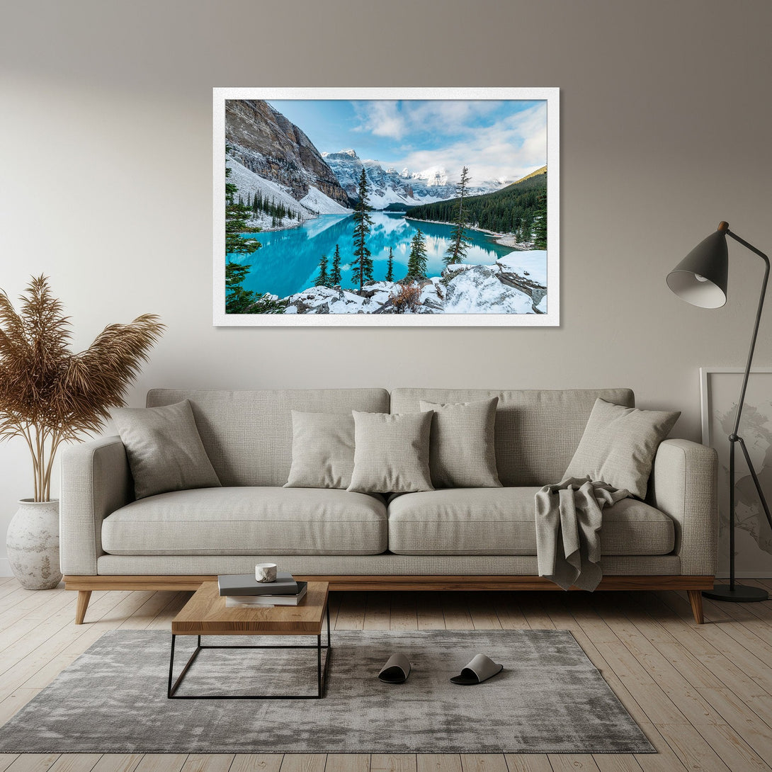 Framed Poster of a stunning mountain lake landscape. Serene, natural style with blue, green, and white color palette. Bring nature indoors!