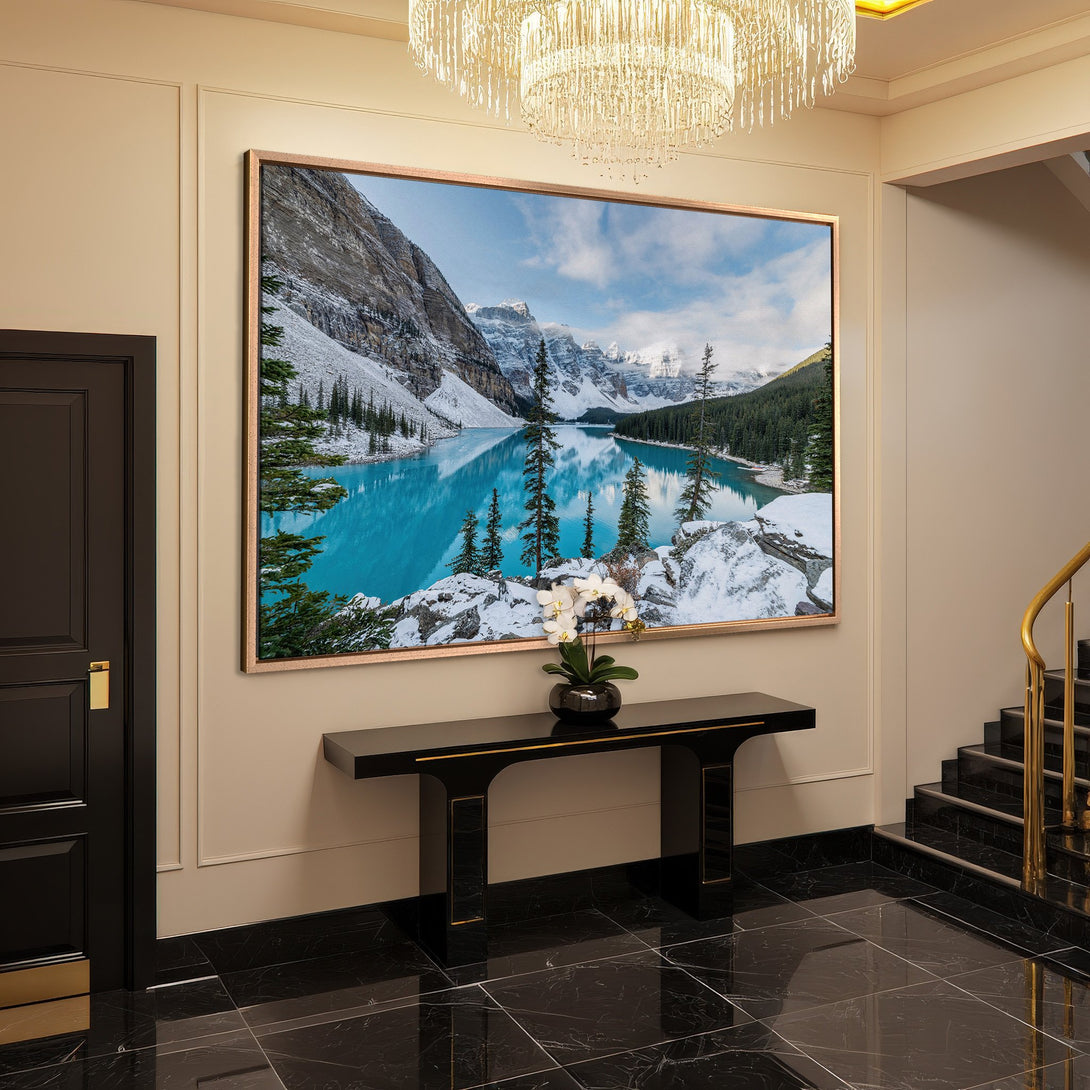 Framed Wall Art: Stunning landscape Canvas Print of a turquoise lake & snowy mountains. Adds a touch of nature's beauty to any space.