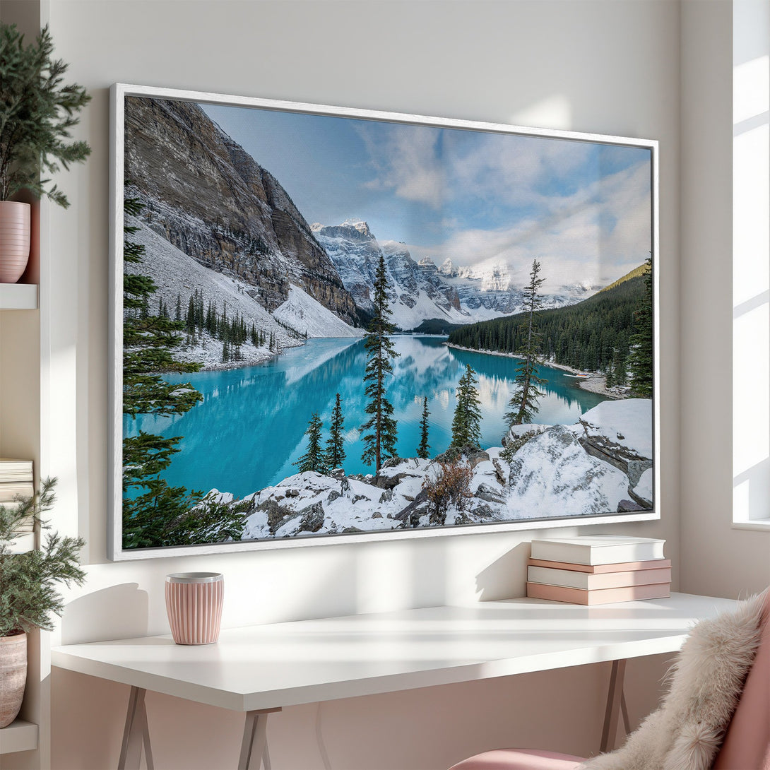 Framed Wall Art of a stunning mountain lake scene. Nature-inspired Canvas Print with a cool blue and green color palette, perfect for adding serenity to any room.