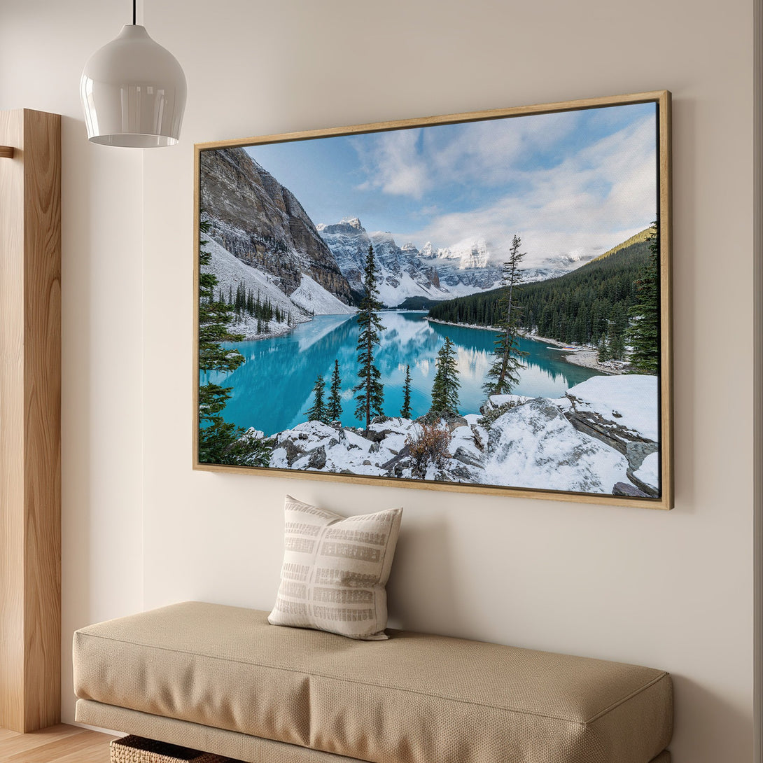 Framed Wall Art Canvas Print of a stunning mountain lake landscape. Features a vibrant blue and green color palette, perfect for adding a touch of nature to your home.