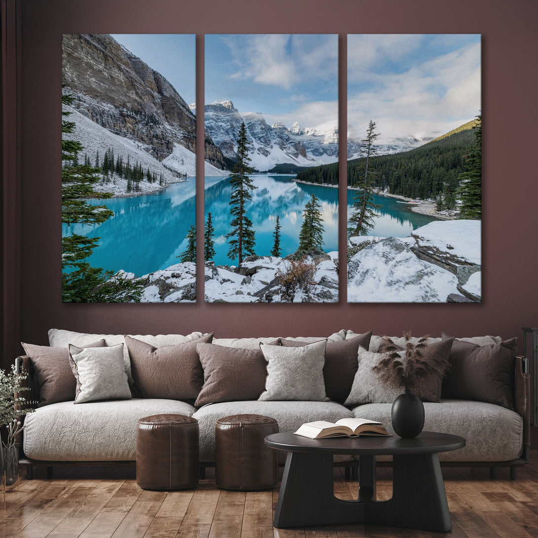 Canvas Print of a stunning mountain lake scene. Serene landscape art in blue, white, and green tones. Perfect for adding a touch of nature to your home.