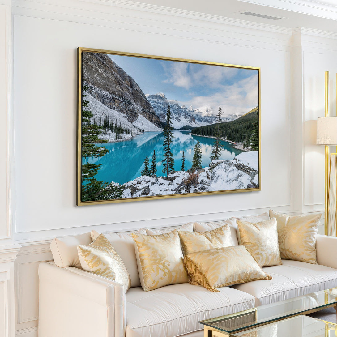 Canvas Print of a stunning mountain lake scene. Blue, green, and white color palette creates a tranquil, nature-inspired aesthetic for your home.