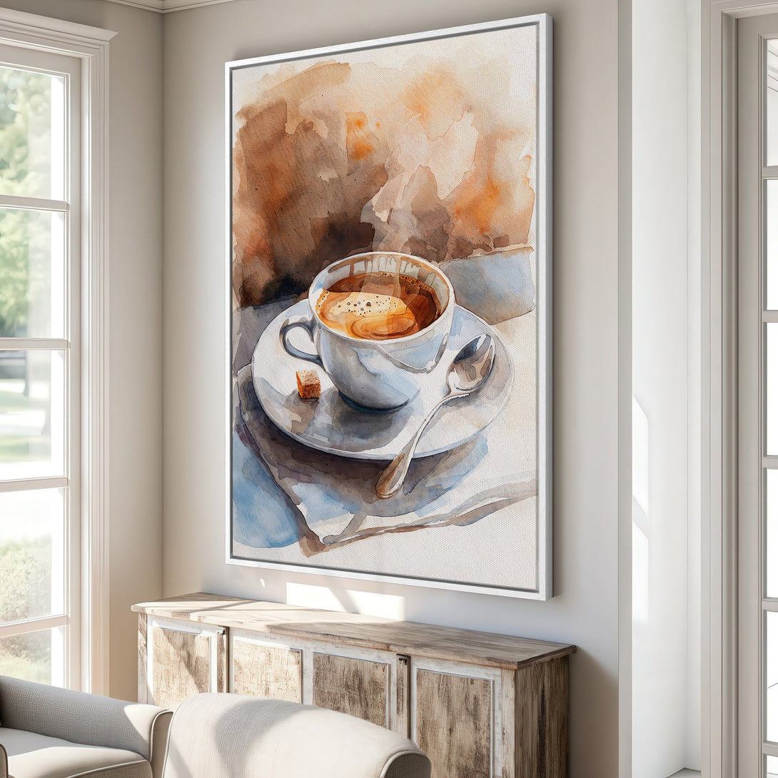 Framed Wall Art of watercolor coffee cup in warm brown tones. Perfect for kitchen or dining room decor. Add cozy vibes to your space!