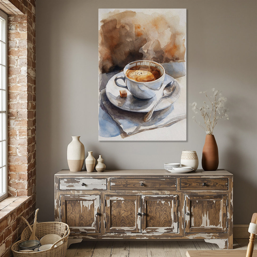 Framed Wall Art featuring a watercolor coffee cup in warm brown and blue tones, perfect for kitchen or dining decor.