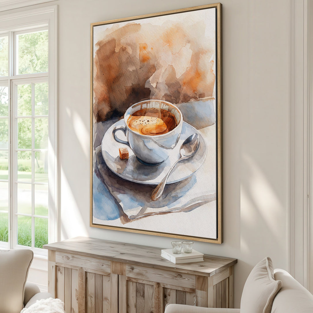 Framed Wall Art: Watercolor coffee cup painting in warm brown and blue tones. Perfect kitchen decor. Add a touch of art to your home with this Canvas Print.
