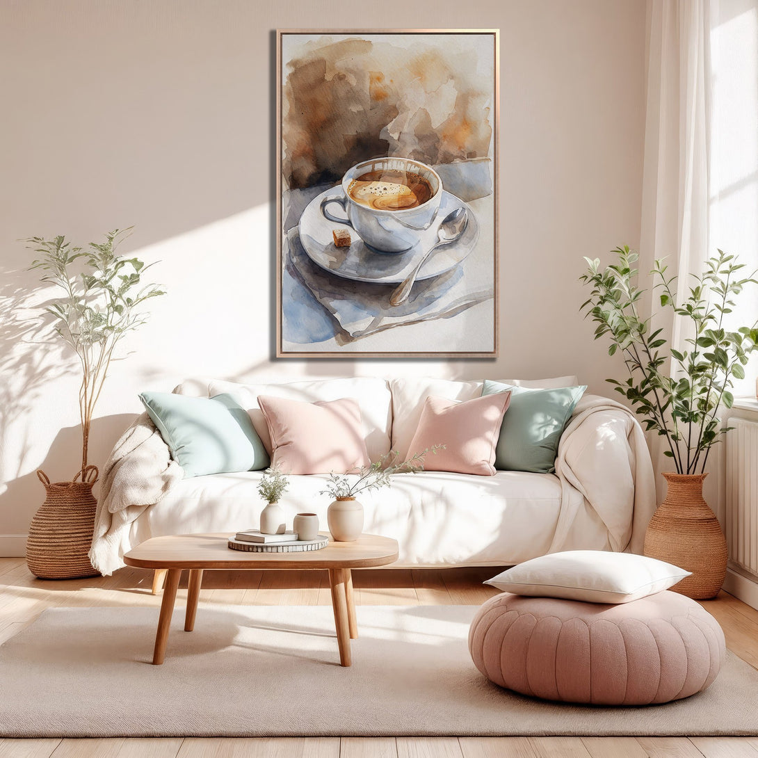 Framed Wall Art: Watercolor coffee cup in a warm, neutral interior. Soft, inviting colors and a cozy aesthetic for your home decor.