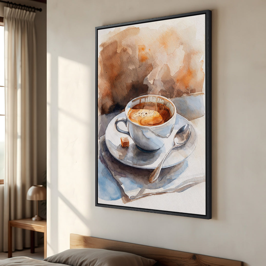 Framed Wall Art: Watercolor coffee cup in warm tones. Enhance your space with this stylish, cozy canvas print. Perfect for kitchen or bedroom decor.