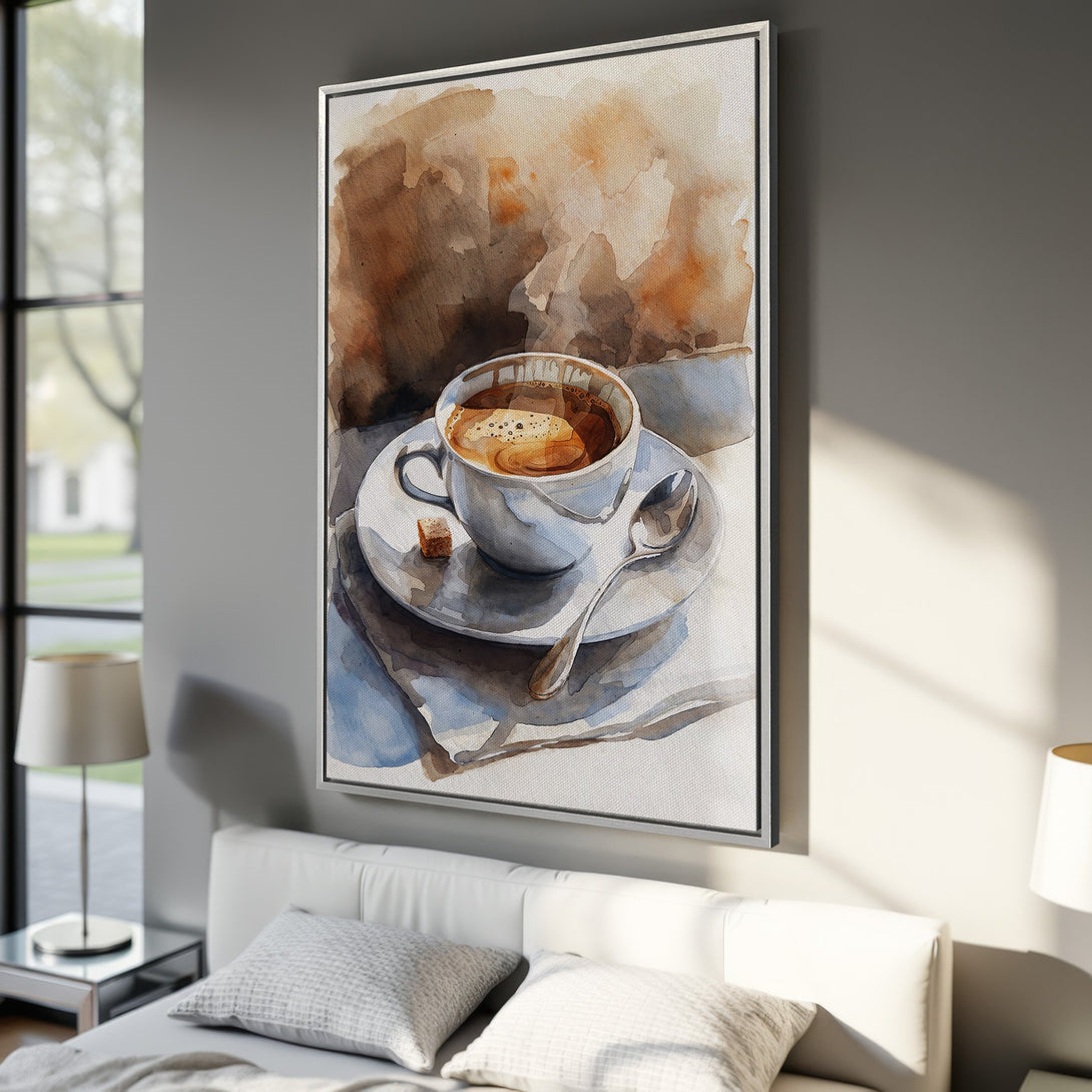 Framed Wall Art featuring a watercolor coffee cup. Warm, neutral color palette. Perfect for kitchen or bedroom decor. Shop now!