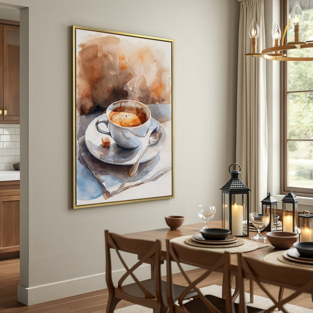 Canvas Print of watercolor coffee cup art in warm neutral tones, perfect for kitchen or dining room decor.