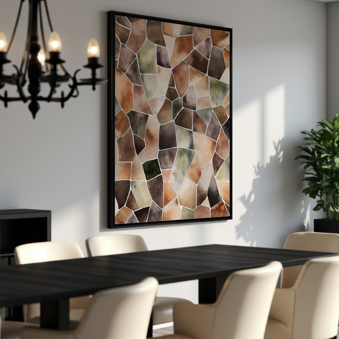Framed Wall Art featuring a geometric watercolor design in earthy brown, green, and beige tones. Perfect for adding a touch of modern elegance to any dining room.