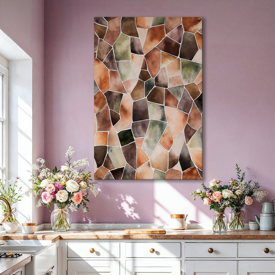 Framed Wall Art: Abstract watercolor mosaic in warm earth tones. Modern art print perfect for living room decor. Add style with this unique canvas print.
