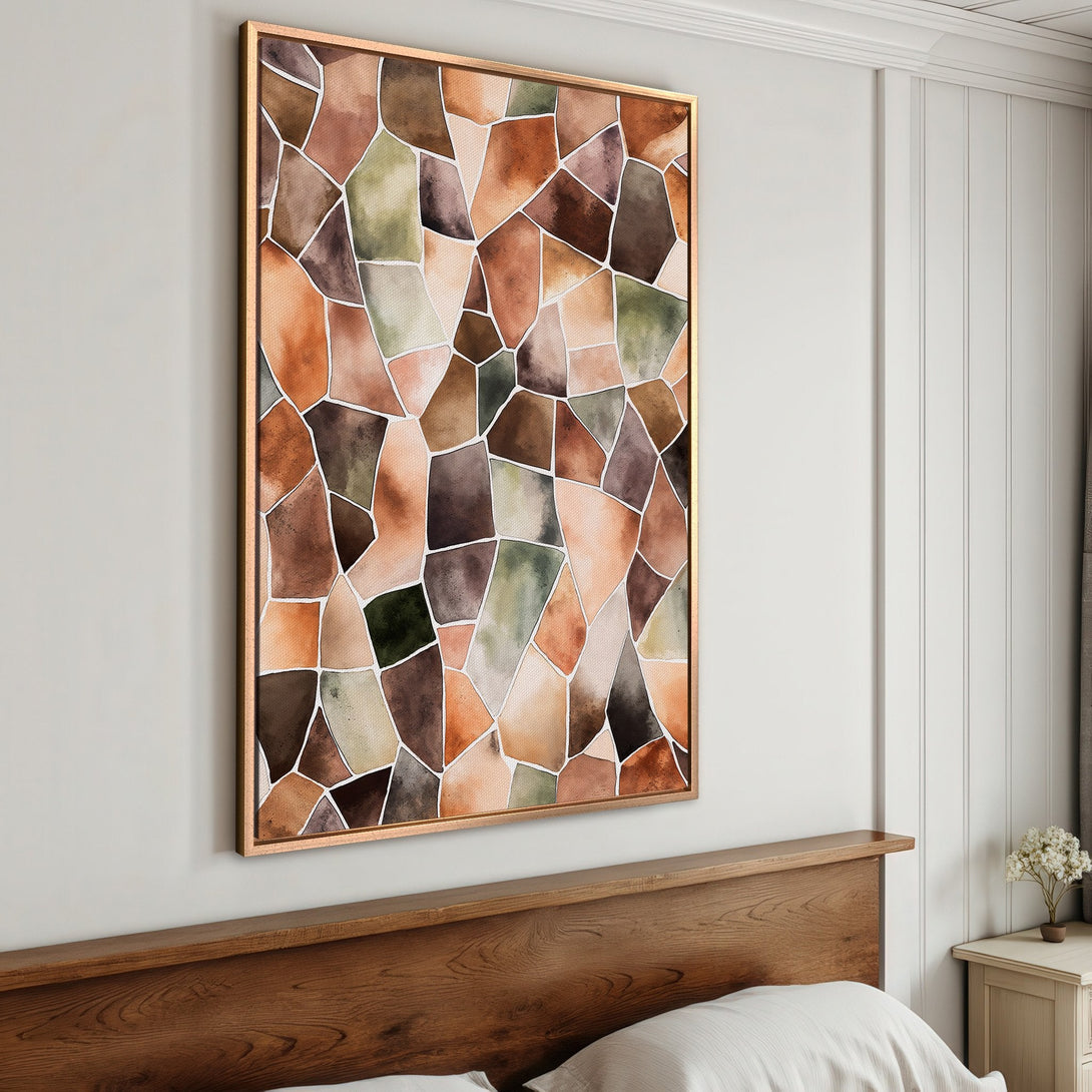 Framed Wall Art: Abstract watercolor mosaic in warm earth tones. Adds a touch of modern style to any bedroom or living space.