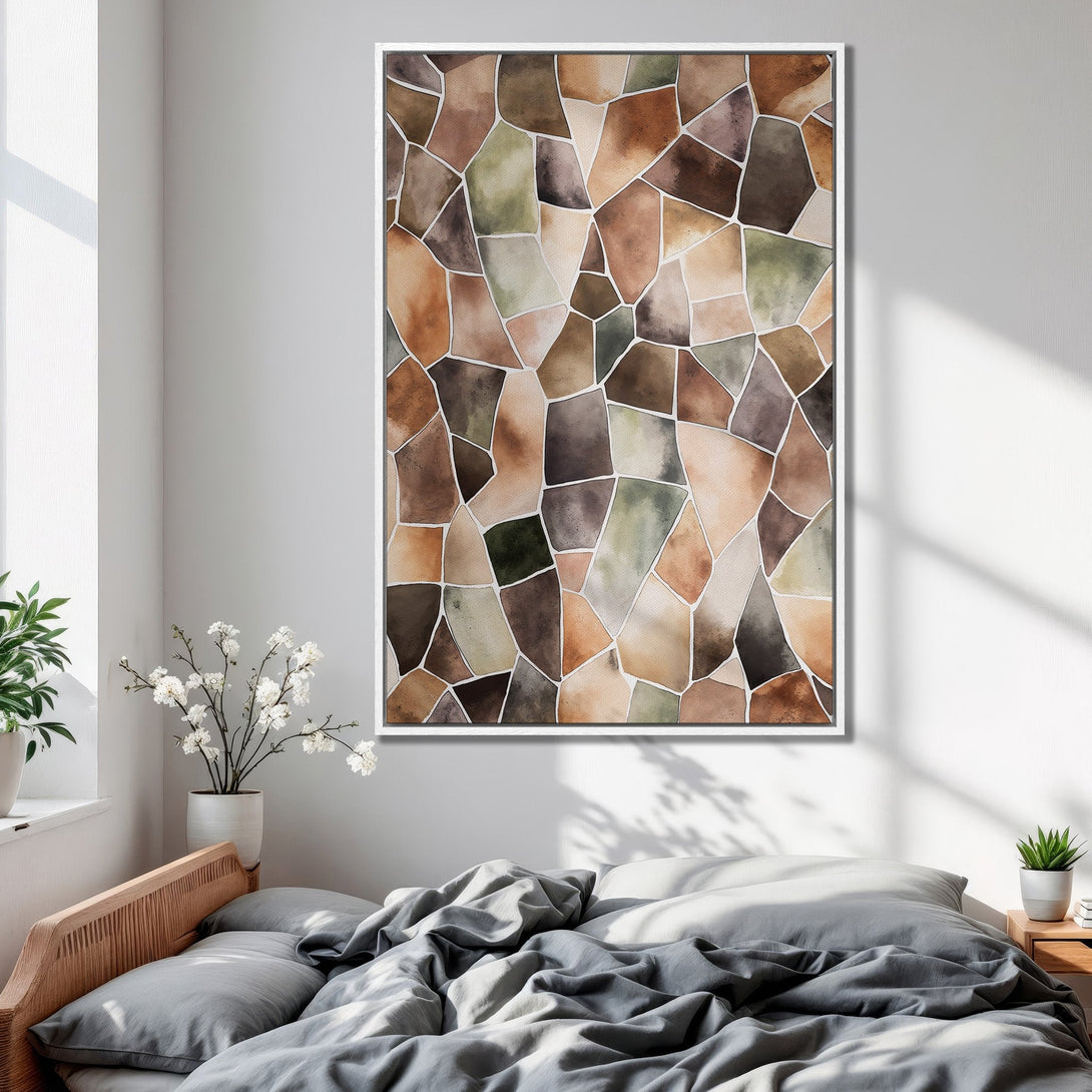 Framed Wall Art featuring a mosaic pattern in warm earth tones. Perfect for adding a touch of natural elegance to your bedroom decor.