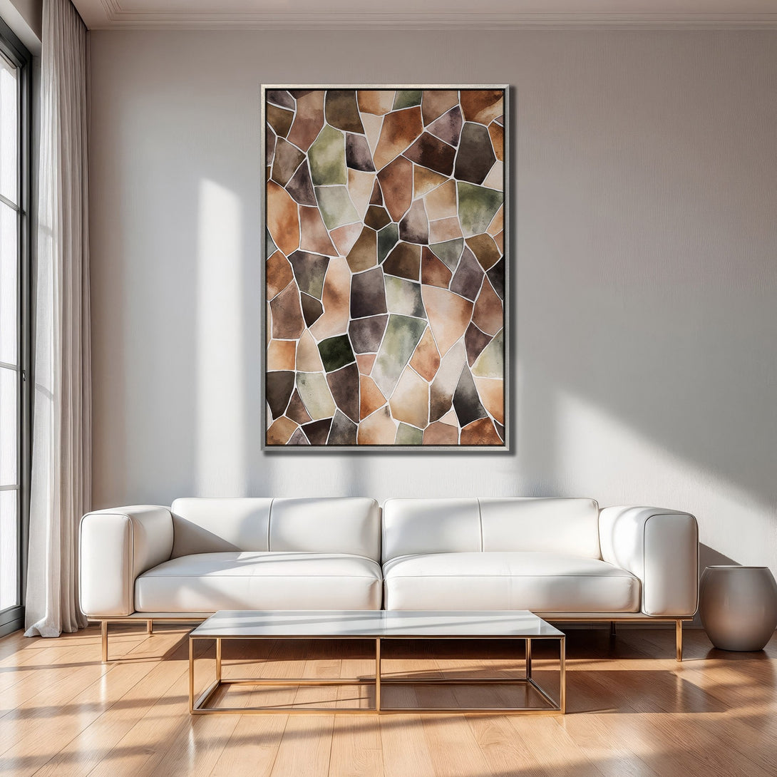 Framed Wall Art with abstract mosaic design in warm earth tones. Modern interior decor with a neutral color palette.