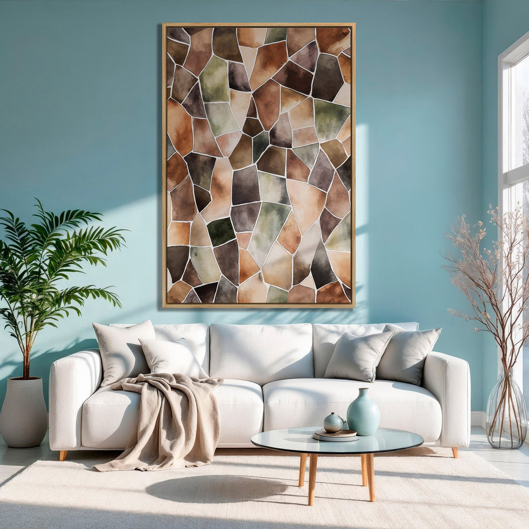 Framed Wall Art: Abstract mosaic design in warm earth tones. Perfect for adding a touch of modern art to your living room. Shop our Canvas Print collection!