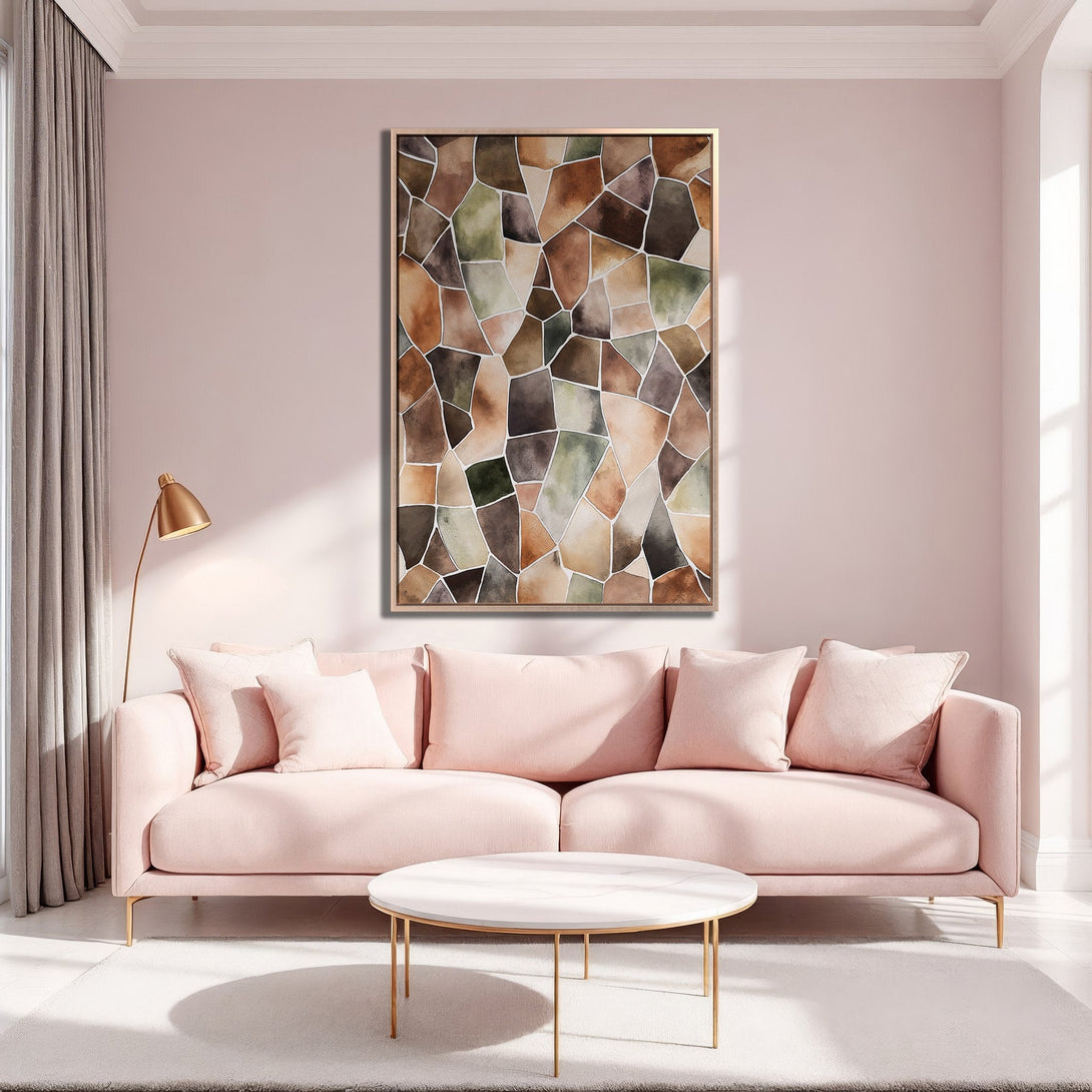 Framed Wall Art featuring abstract watercolor mosaic in warm earth tones. Adds a touch of modern elegance to any living room. Shop now!