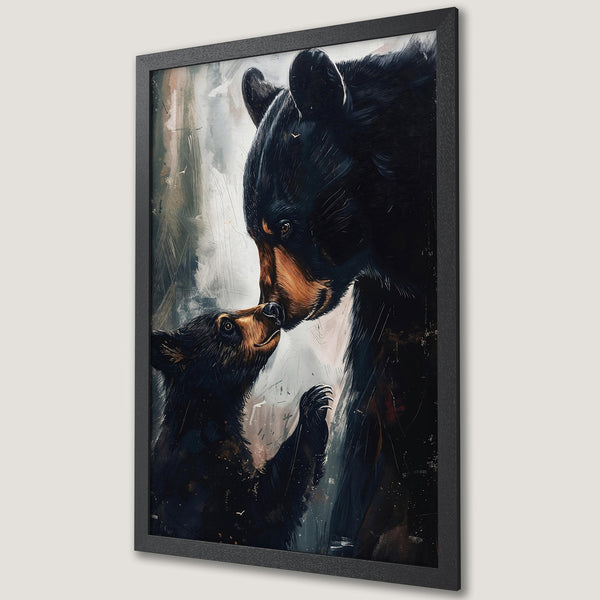 Framed Poster featuring a tender bear family portrait in a painterly style with a muted, earthy color palette. Perfect for nature lovers!
