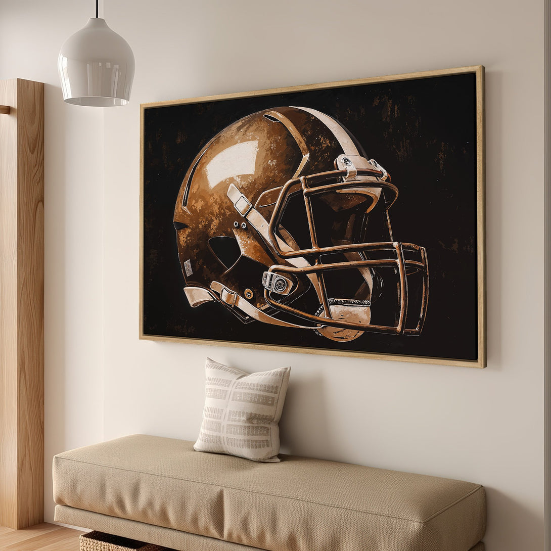 Framed Wall Art: Football helmet art print in a modern style. Brown and black color palette, perfect for sports fans. Add a touch of style to your home!