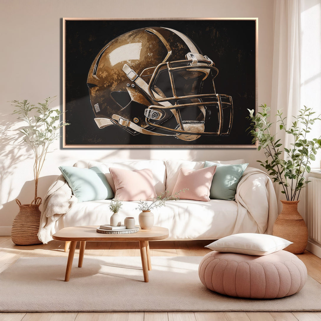 Framed Wall Art: Football helmet canvas print in neutral tones. Modern decor with a touch of gold, perfect for sports fans. Elevate your space!