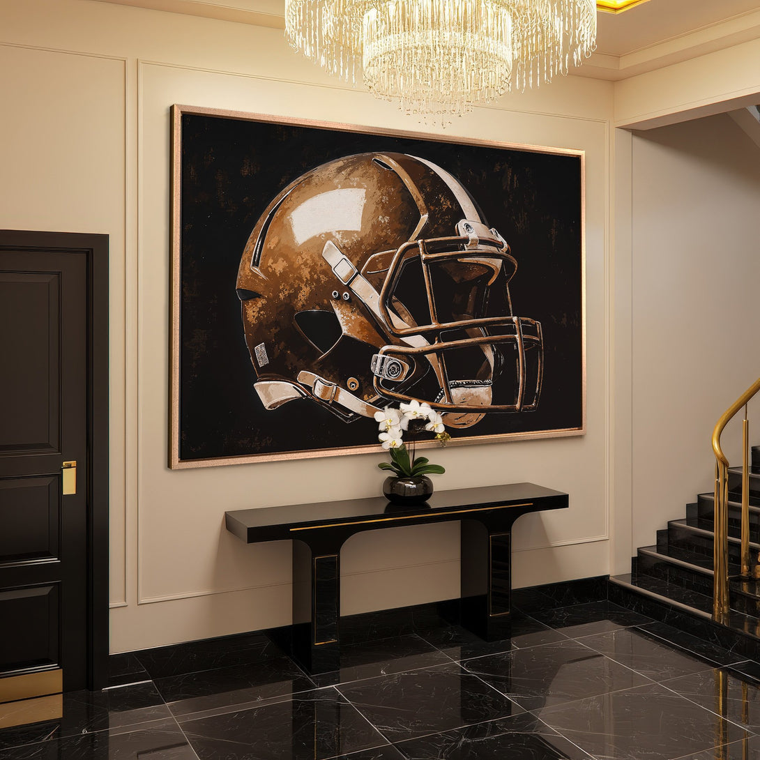 Framed Wall Art: Football helmet art in a modern interior. Bronze and black color palette. Elevate your space with this stylish canvas print.