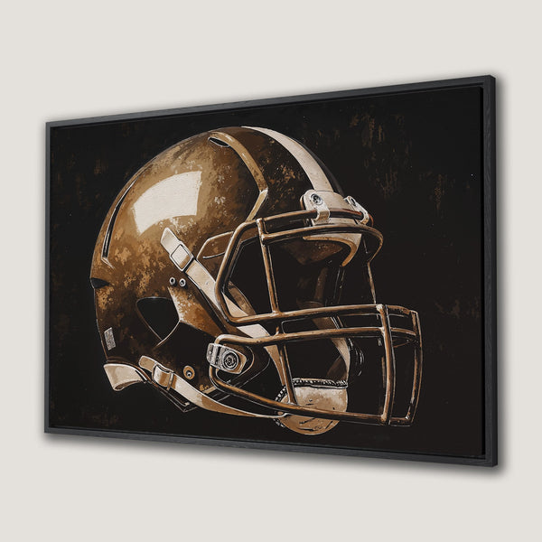 Framed Wall Art: Football helmet canvas print in vintage style, featuring a brown and black color palette. Perfect wall decor for sports fans!