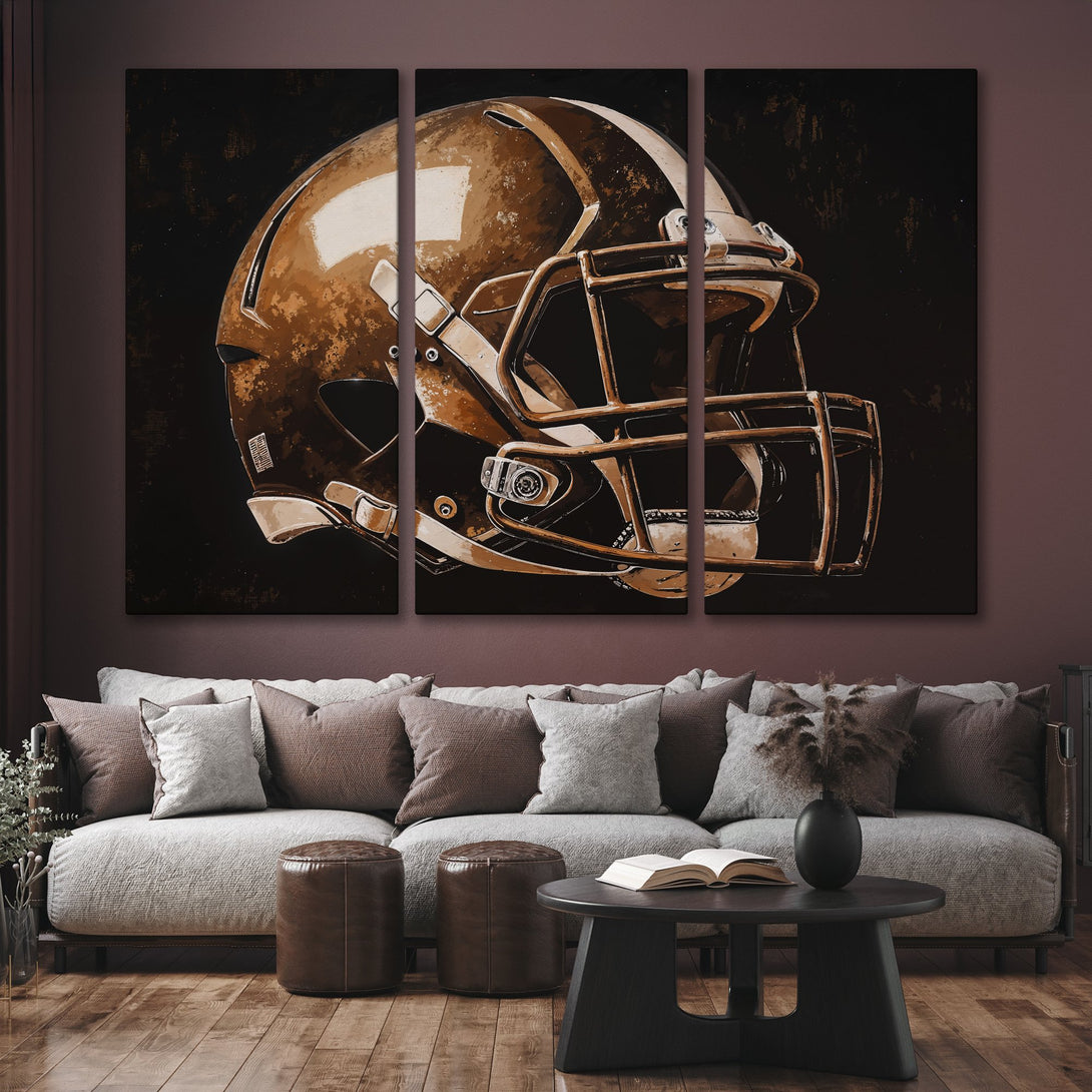 Canvas Print of a football helmet in a modern, abstract style with a brown and black color palette. Perfect wall art for your home!