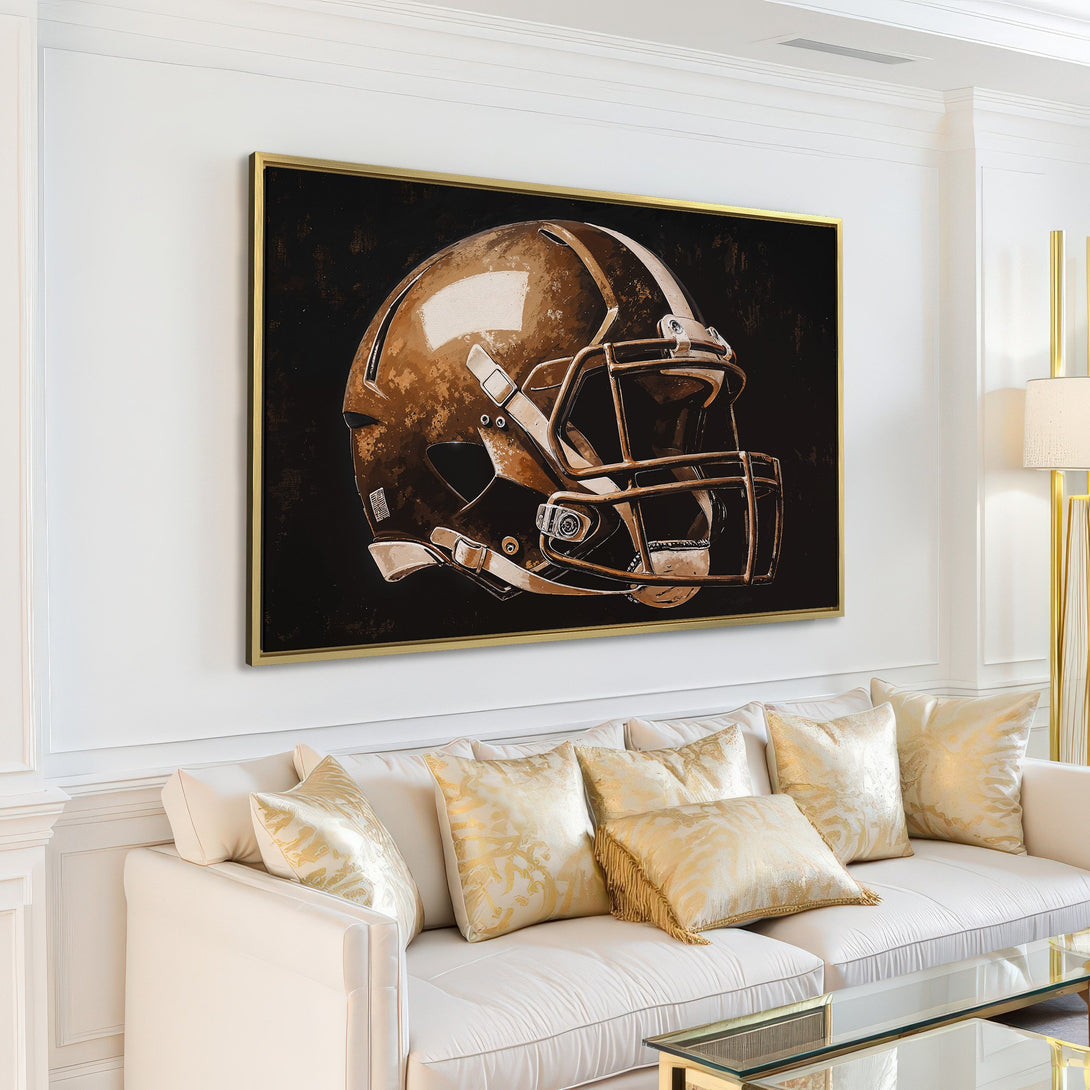 Large Canvas Print of a football helmet in neutral tones. Modern wall art adds a touch of sports decor to any living room.