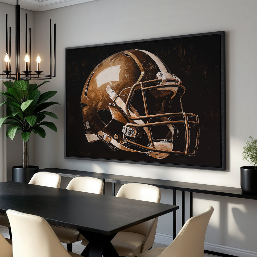 Framed Wall Art: Football helmet canvas print in a modern dining room. Features a brown and black color palette, perfect for sports fans and home decor.
