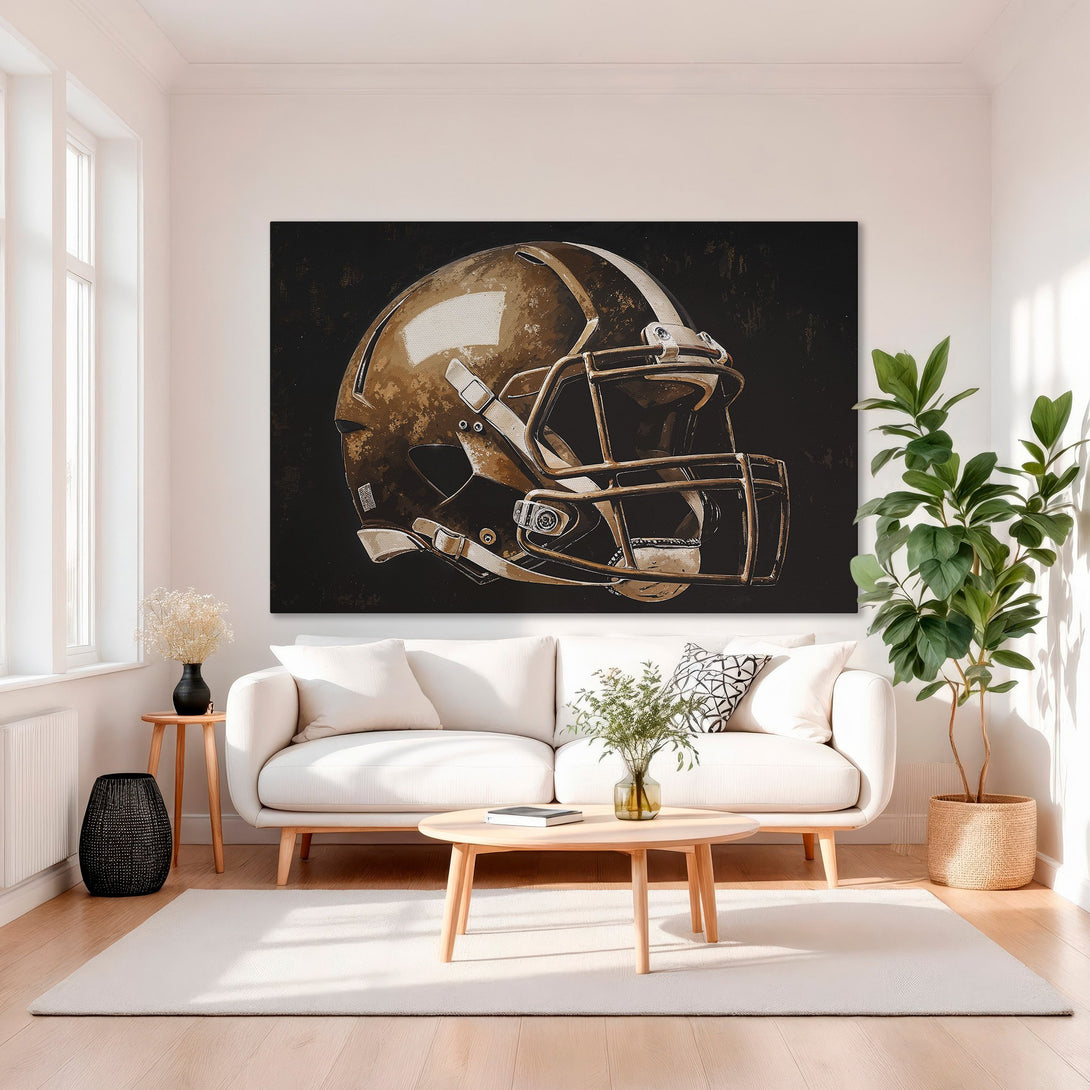 Framed Wall Art: Football helmet canvas print in neutral brown tones. Modern art for home decor with a touch of luxury. Shop now!