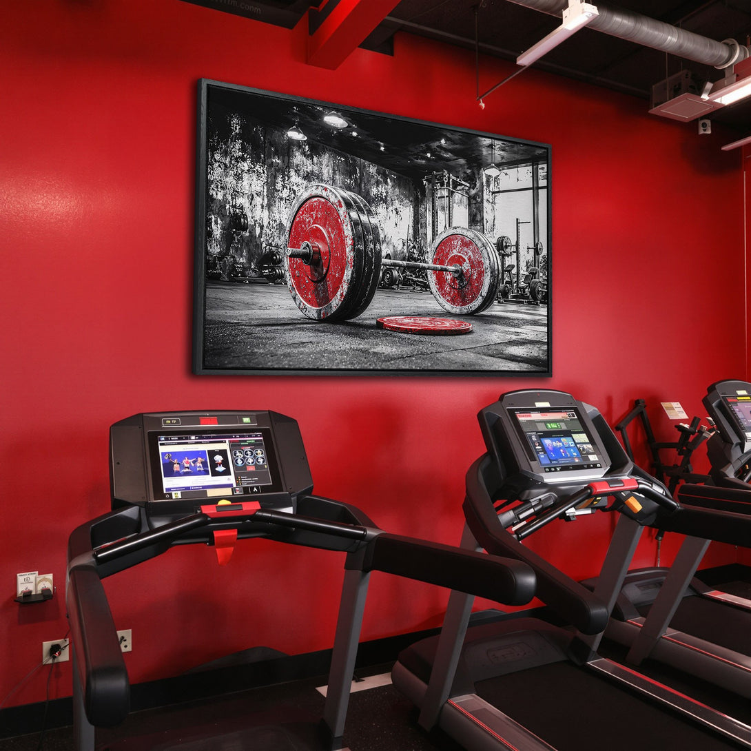 Framed Wall Art featuring a weightlifting scene in black and white with red accents, displayed in a modern gym. Bold, motivational decor.
