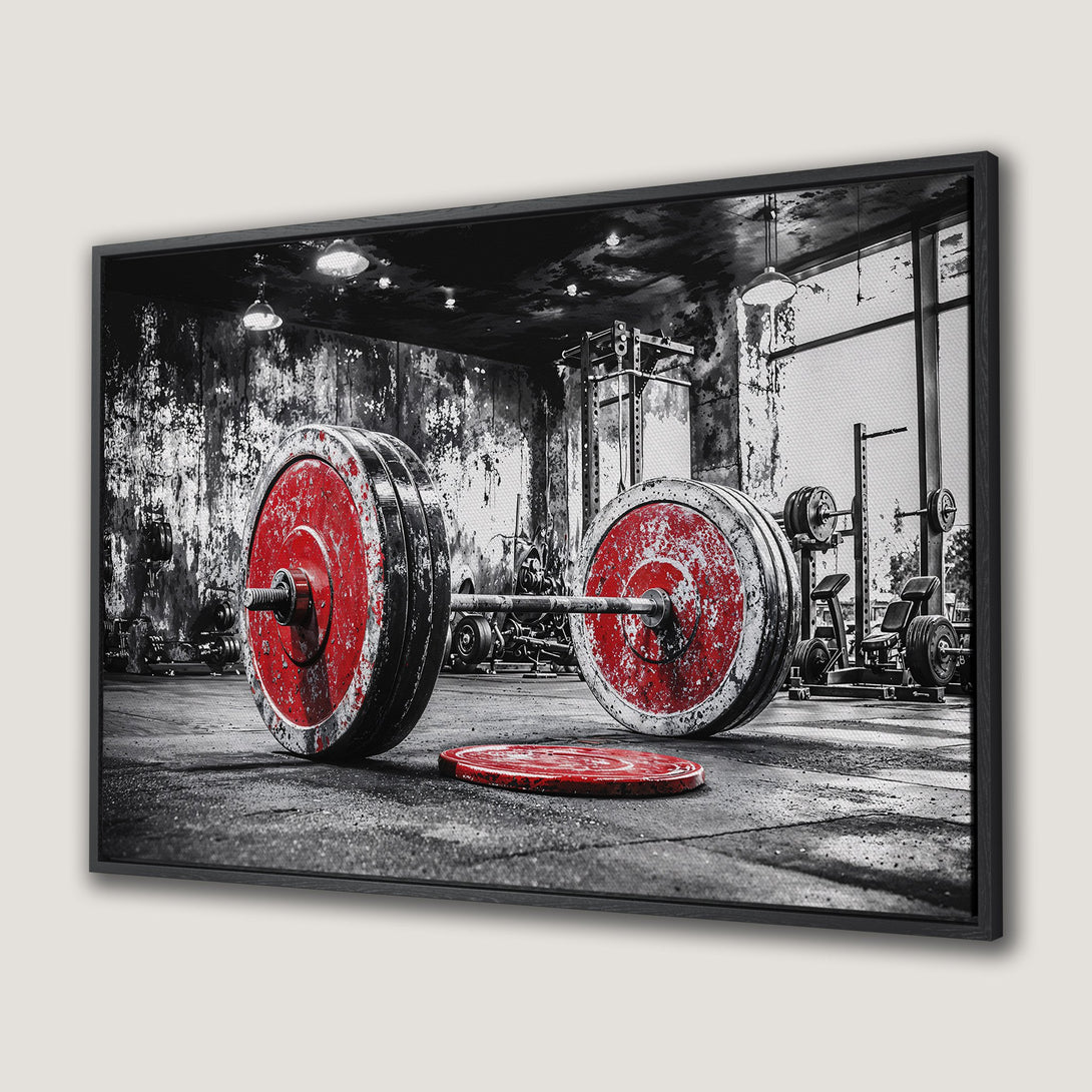 Framed Wall Art: Powerful gym scene with barbell and red weights. Dramatic black & white with pops of red. Perfect for a home gym or fitness space.