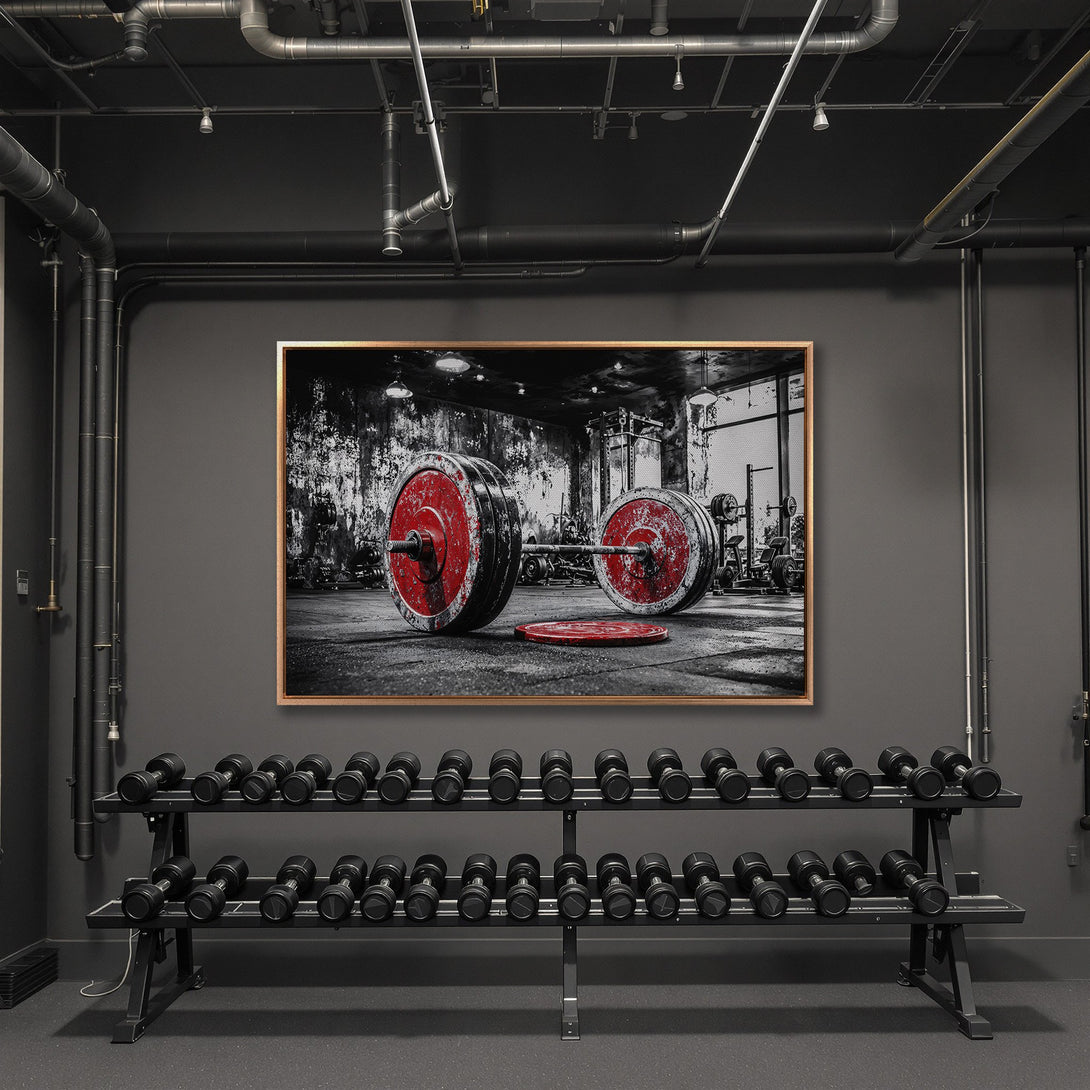 Framed Wall Art featuring a gym scene with a barbell, in a black, white, and red color palette. Perfect for home gym decor or fitness enthusiasts.