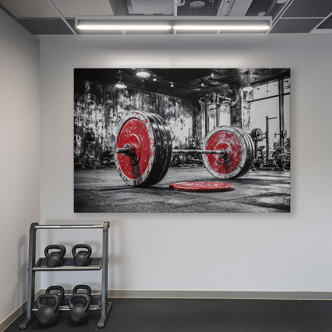 Framed Wall Art: Dramatic black & white gym scene with red weights. Modern art for your home gym. Adds a bold statement.