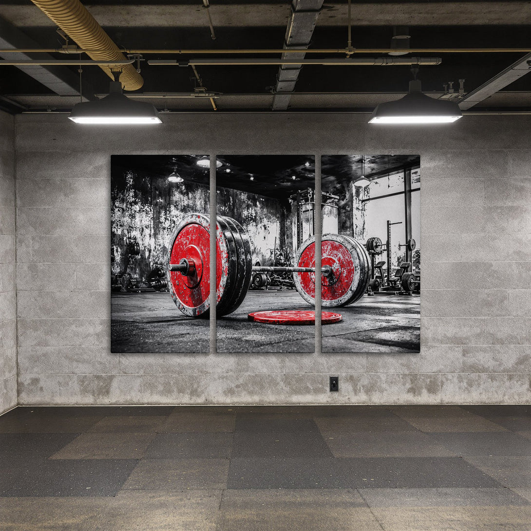 Canvas Print of a weightlifting scene in a gym, featuring a barbell with red weights. Industrial style with a black, white, and red color palette.