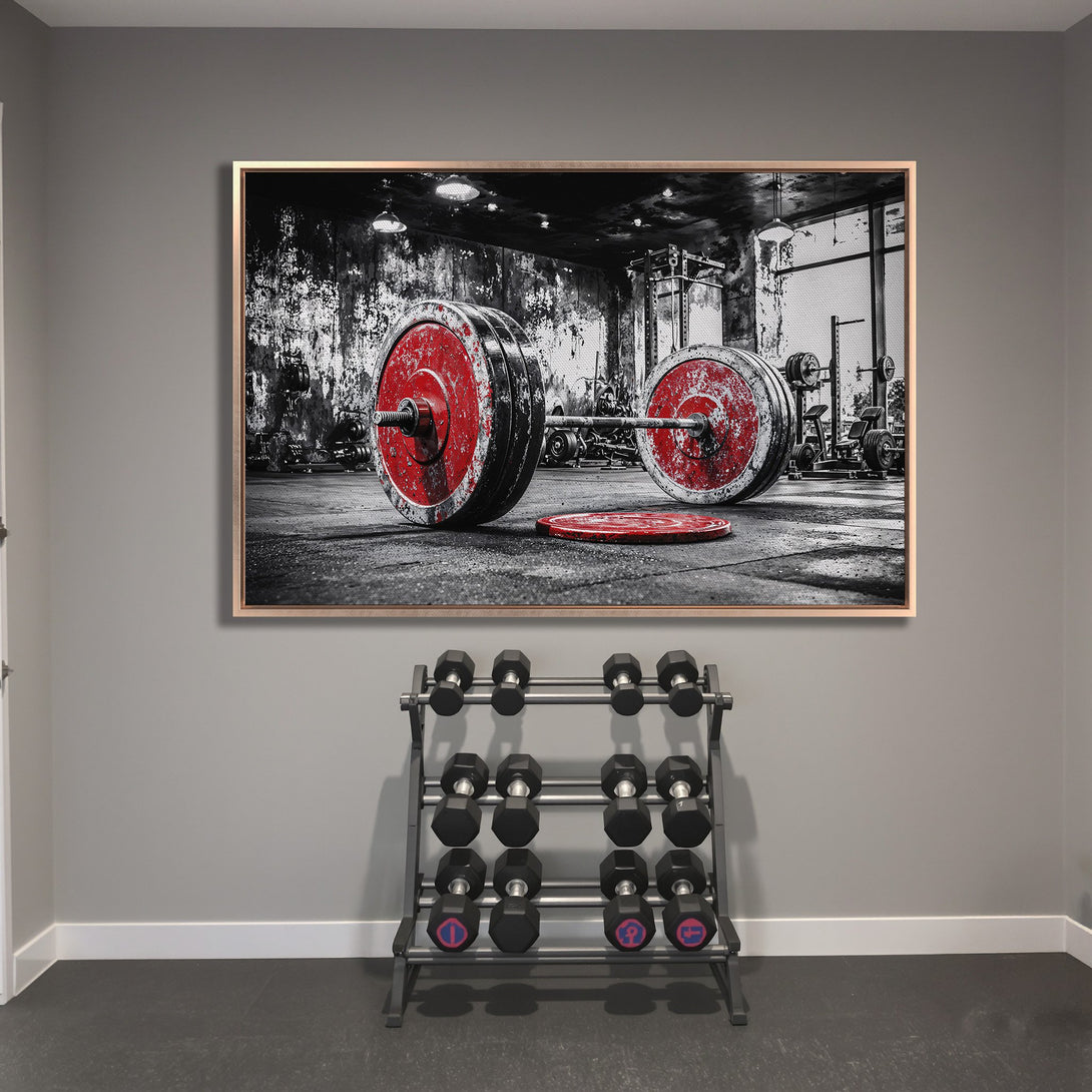 Framed Wall Art: Dramatic black and white gym scene with red accents. Powerful Canvas Print for home gym decor. Modern, motivational art.