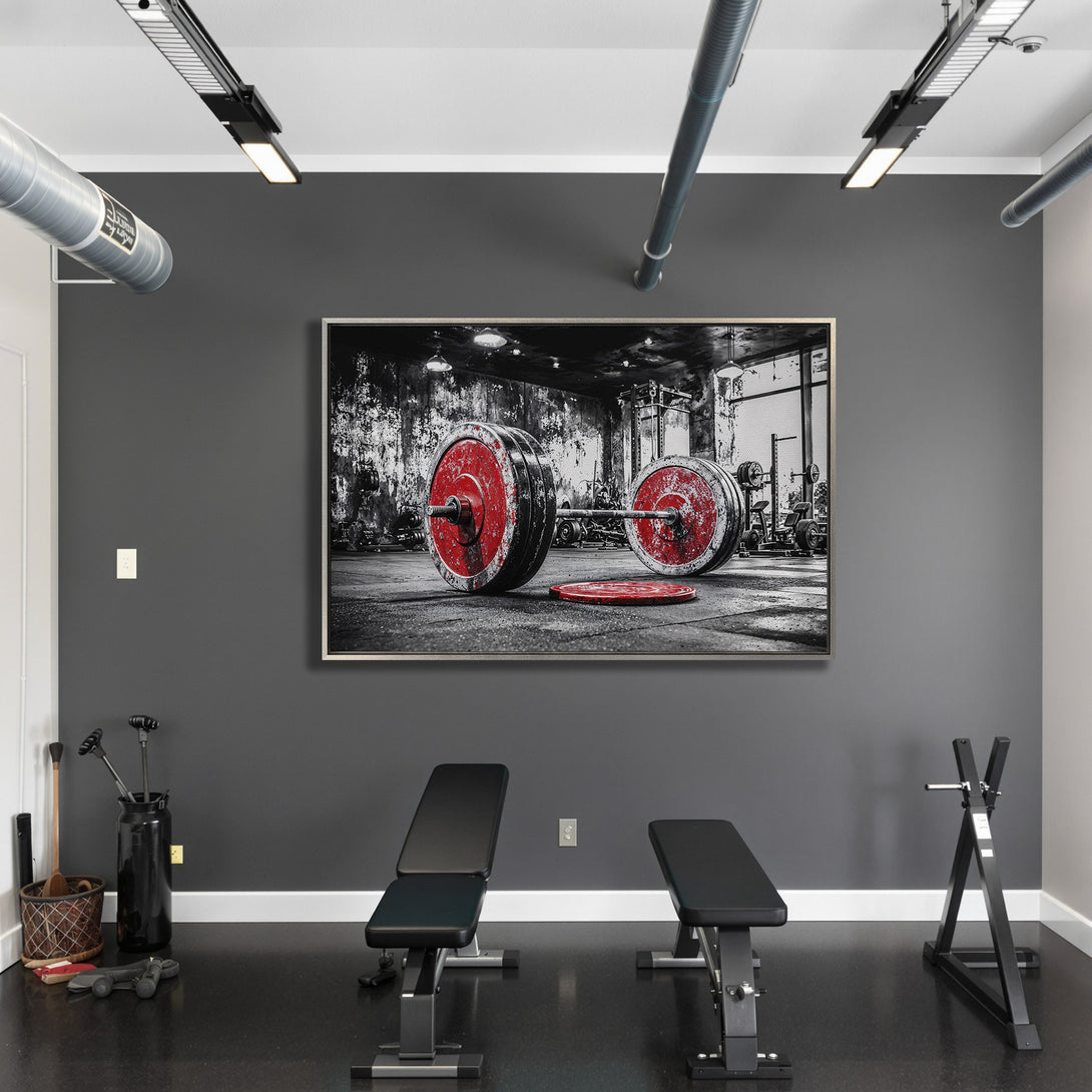 Framed Wall Art: Powerful gym scene with barbell. Dramatic black and white photo with red accents. Perfect for home gym decor.