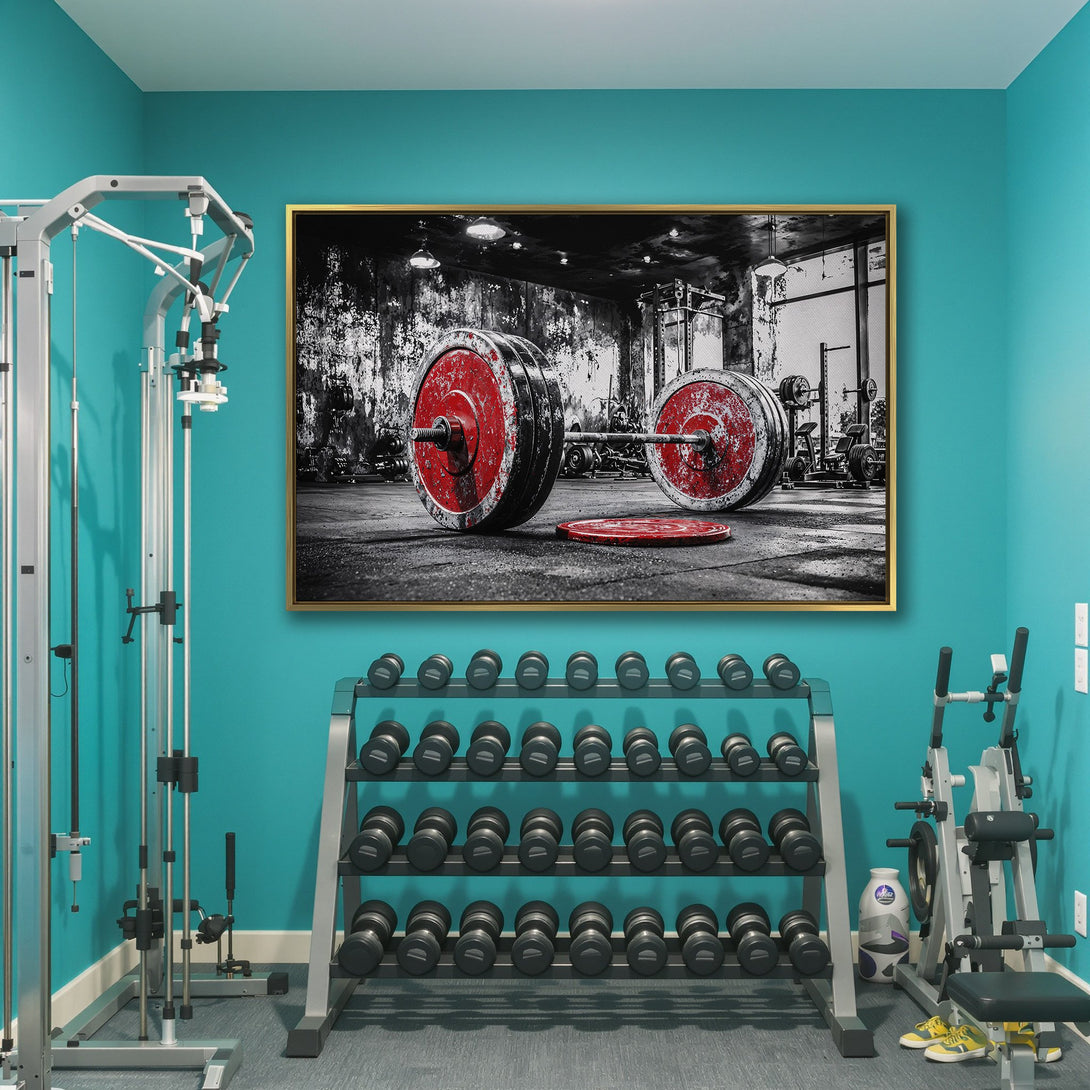 Canvas Print of a weightlifting scene in a gym, featuring a black and white aesthetic with pops of red. Perfect for home gym decor!
