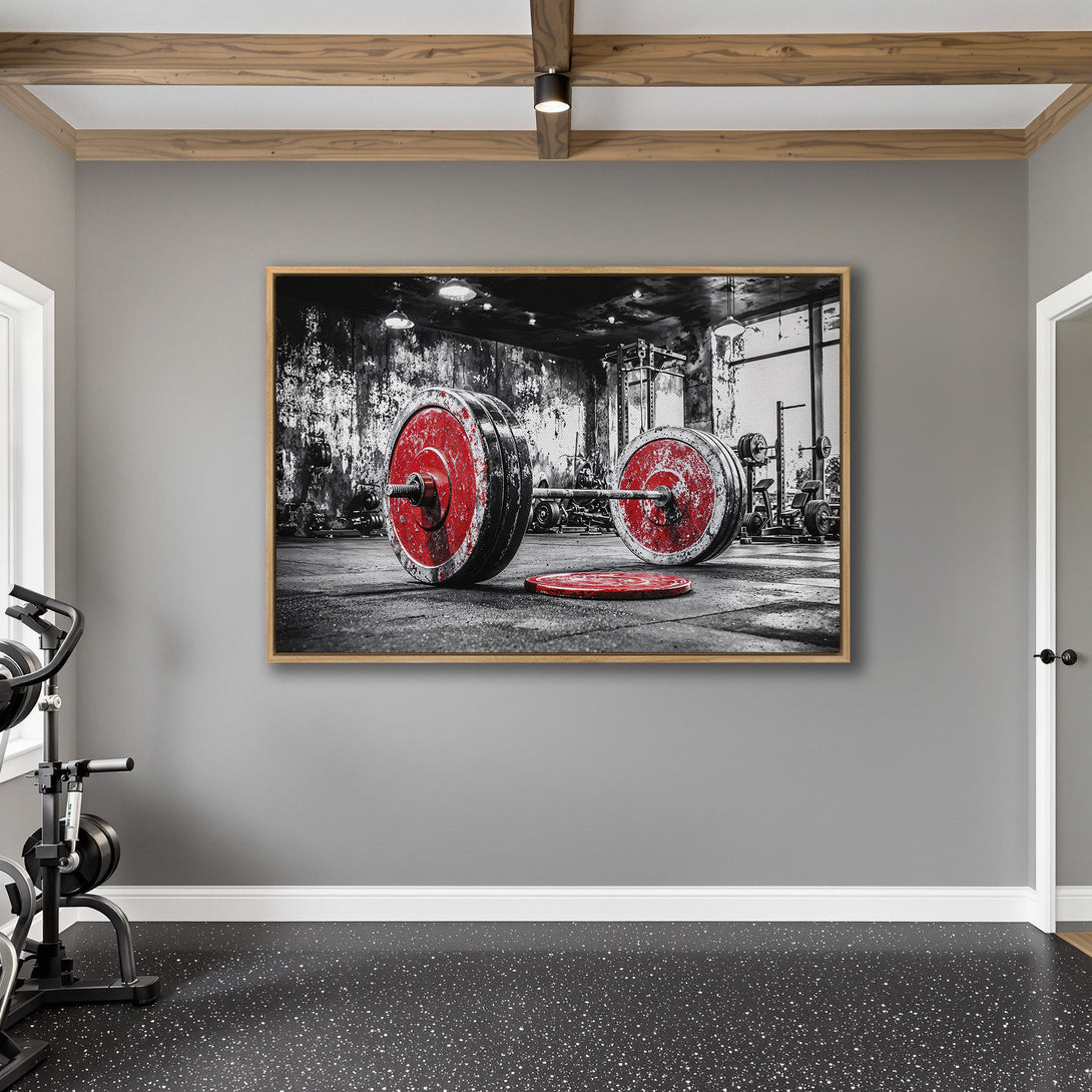 Framed Wall Art: Powerful barbell in a gym, black & white with red accents. Modern fitness decor for your home gym.