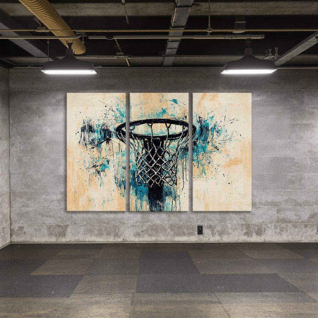 Abstract basketball hoop Canvas Print in teal, black, and beige, perfect for modern wall decor.