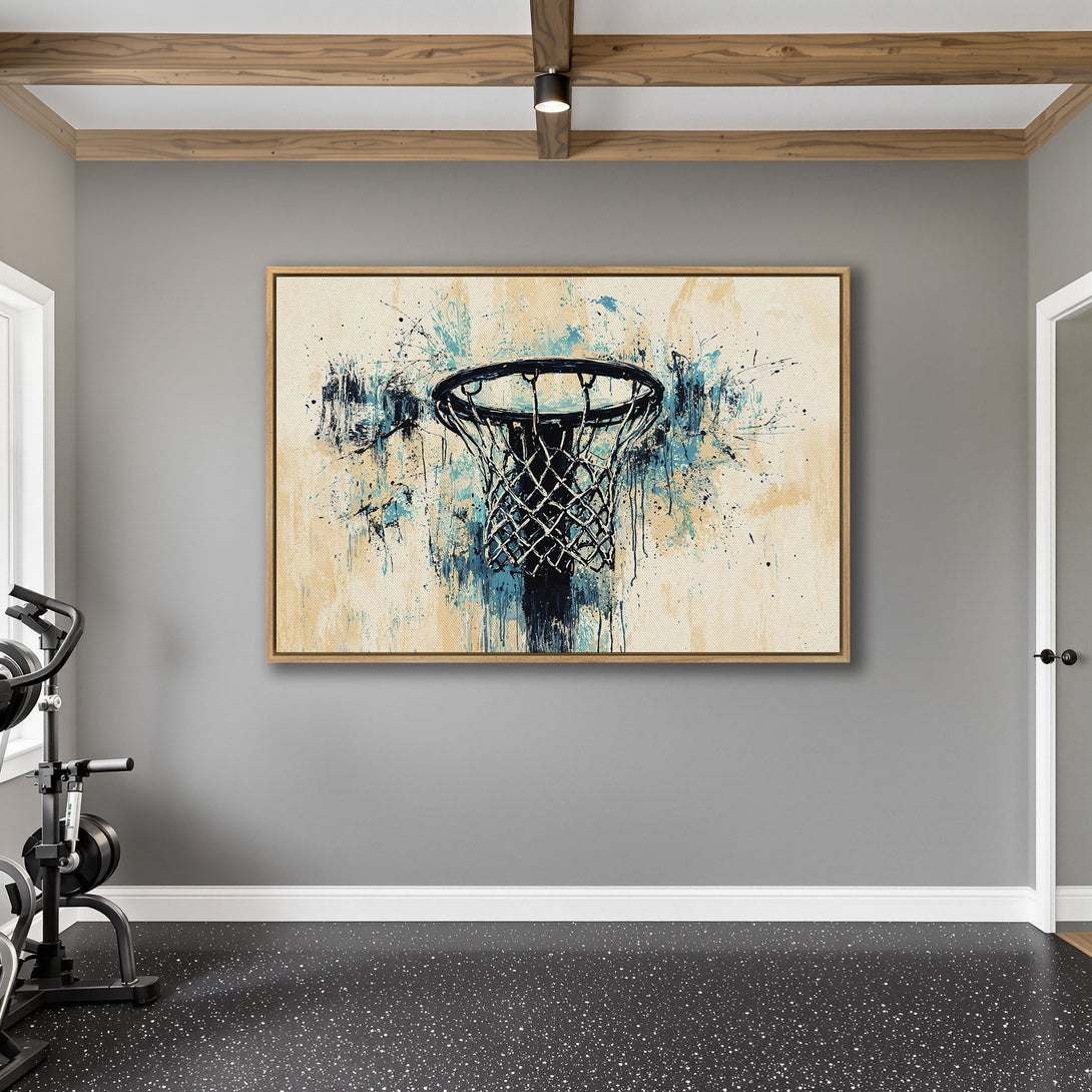 Framed Wall Art: Abstract basketball hoop art in blue and beige, displayed in a modern interior. Perfect for sports fans!