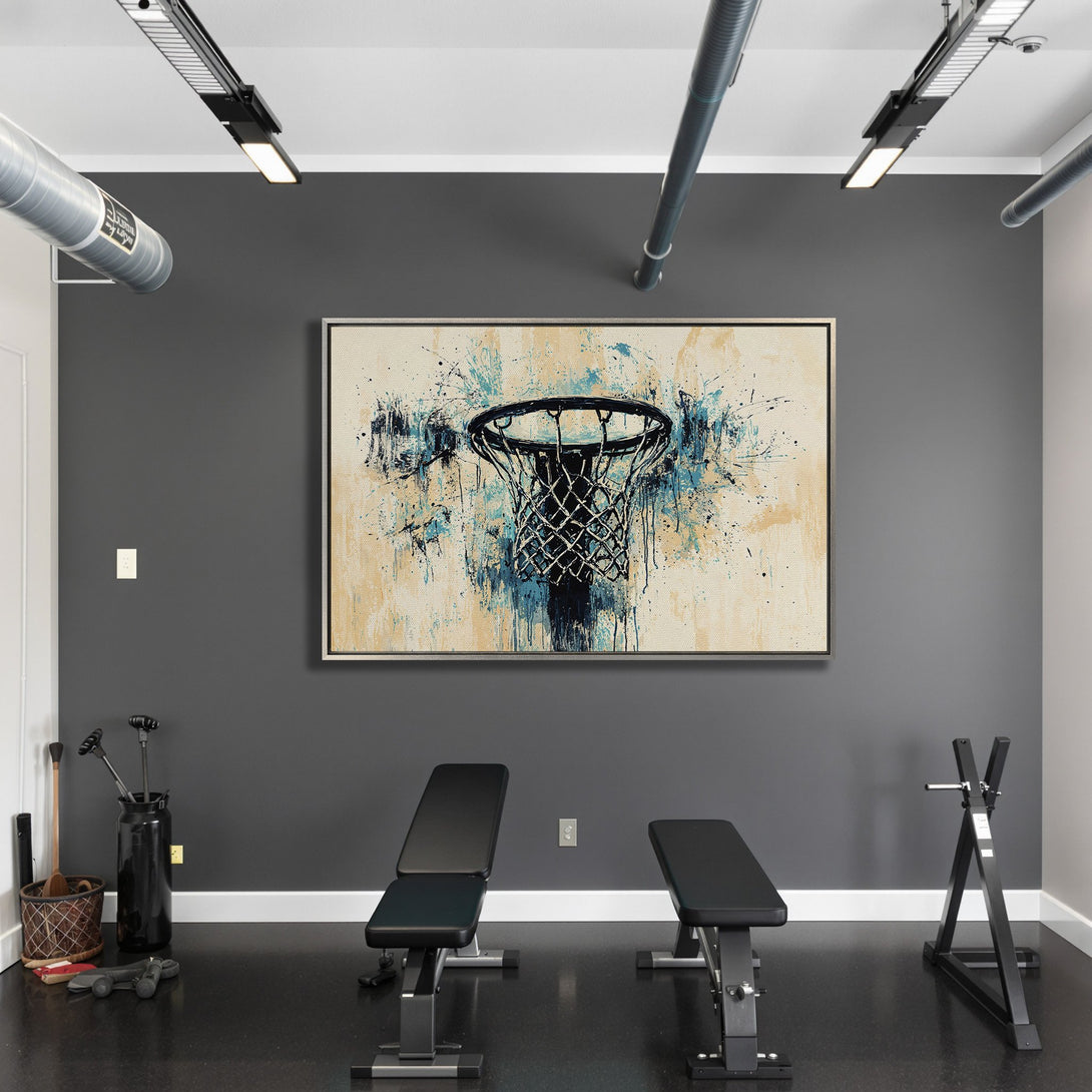 Framed Wall Art: Abstract basketball hoop art in blue and beige tones. Modern style canvas print adds a sporty touch to any space.