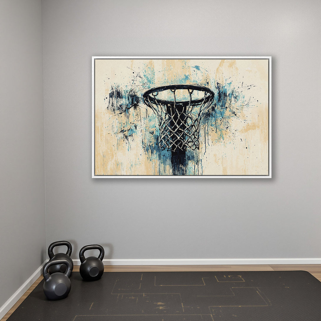 Framed Wall Art of basketball hoop in abstract style. Blue, black, and beige color palette. Perfect for a modern gym or sports-themed space.