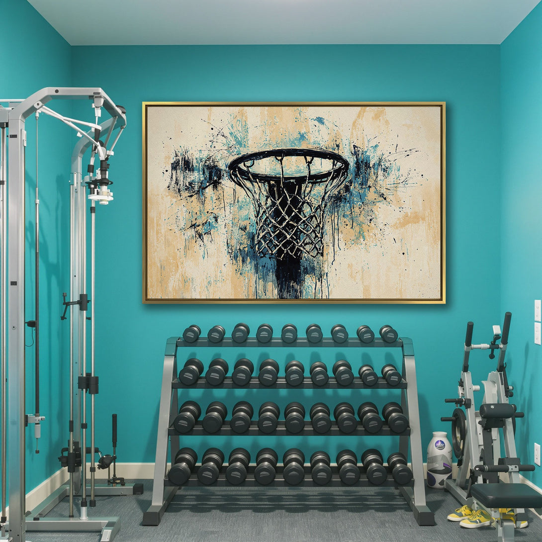Abstract Canvas Print of a basketball hoop, featuring teal, black, and beige paint splatters. Modern wall art for your home gym.